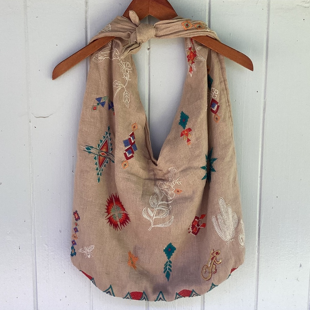 NEW Johnny Was saguaro LINEN knot tie BAG embroidered hobo